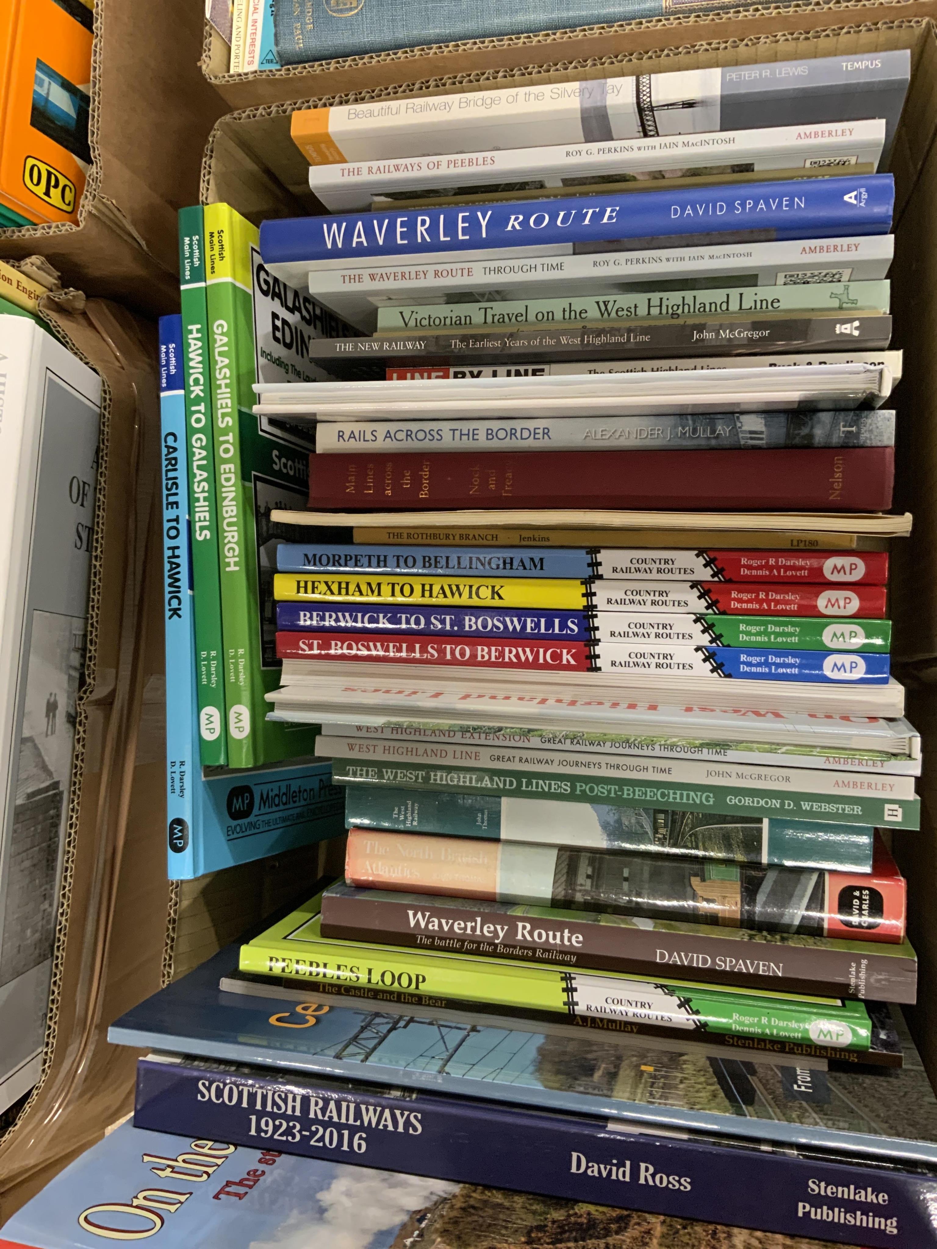 Eight boxes of railway related books, etc. subjects include; Indian railways, United States railways, Great Western Railway, steam trams, Union Pacific Railway, etc. publishers include; Middleton Press, Ian Allan, David